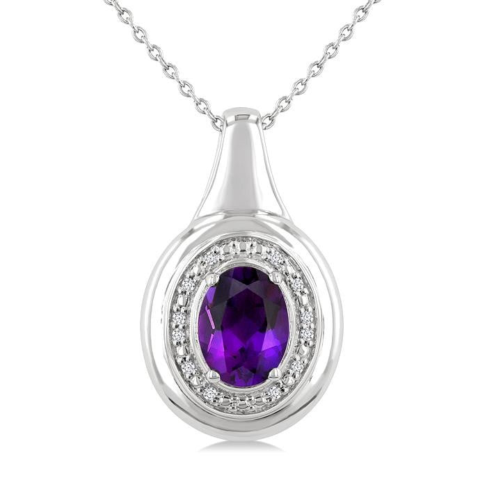 8X6 MM Oval Shape Amethyst and 1/20 Ctw Round Cut Diamond Semi-precious Pendant With Chain in Sterling Silver