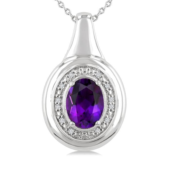 8X6 MM Oval Shape Amethyst and 1/20 Ctw Round Cut Diamond Semi-precious Pendant With Chain in Sterling Silver