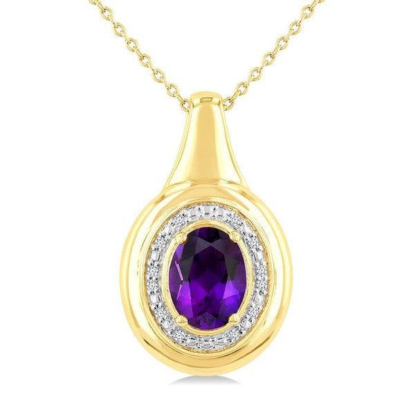 8X6 MM Oval Shape Amethyst and 1/20 Ctw Round Cut Diamond Semi-precious Pendant With Chain in Yellow Gold Vermeil