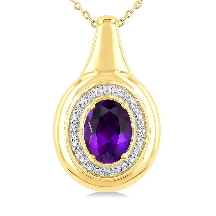 8X6 MM Oval Shape Amethyst and 1/20 Ctw Round Cut Diamond Semi-precious Pendant With Chain in Yellow Gold Vermeil