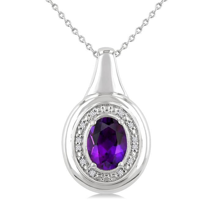 Silver Oval Shape Gemstone & Diamond Pendant