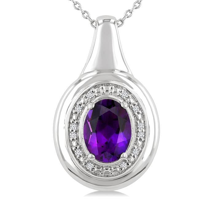 Silver Oval Shape Gemstone & Diamond Pendant