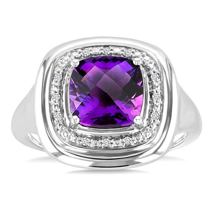 8 MM Cushion Shape Amethyst and 1/20 Ctw Round Cut Diamond Bold Semi-Precious Ring in Sterling Silver