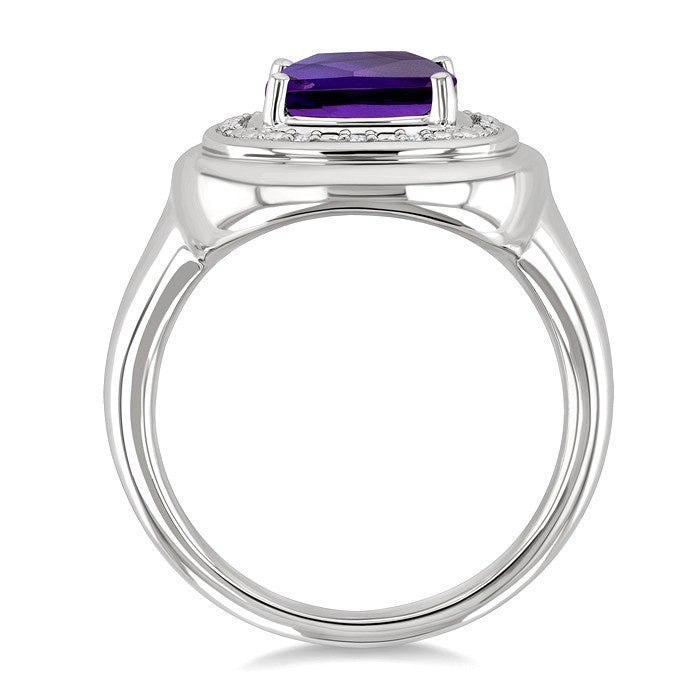 8 MM Cushion Shape Amethyst and 1/20 Ctw Round Cut Diamond Bold Semi-Precious Ring in Sterling Silver