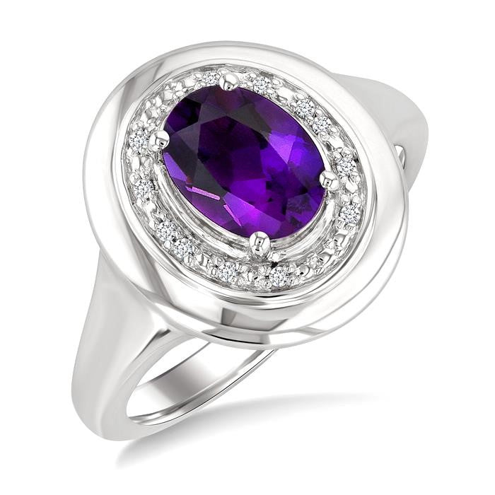 8x6 MM Oval Shape Amethyst and 1/20 Ctw Round Cut Diamond Semi-precious Ring in Sterling Silver