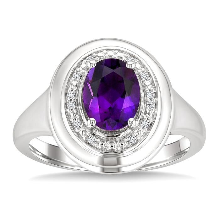 8x6 MM Oval Shape Amethyst and 1/20 Ctw Round Cut Diamond Semi-precious Ring in Sterling Silver