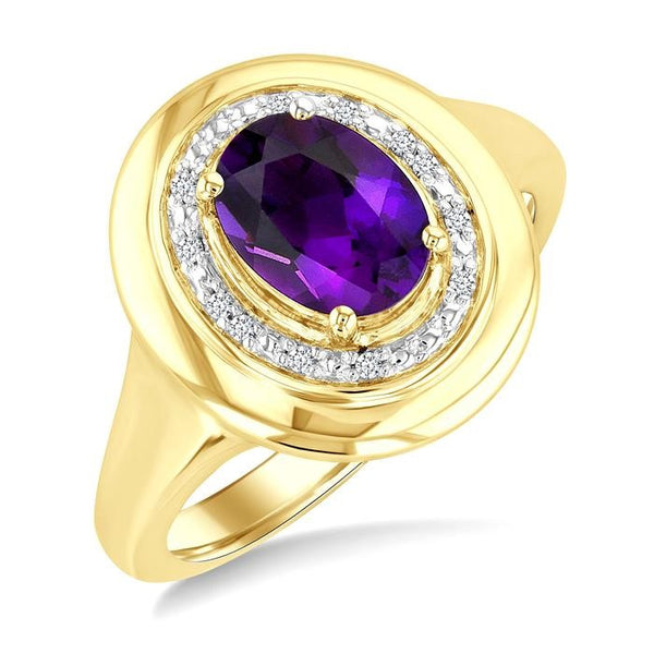 8X6 MM Oval Shape Amethyst and 1/20 Ctw Round Cut Diamond Semi-Precious Ring in Yellow Gold Vermeil