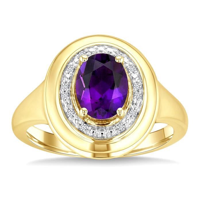 8X6 MM Oval Shape Amethyst and 1/20 Ctw Round Cut Diamond Semi-Precious Ring in Yellow Gold Vermeil