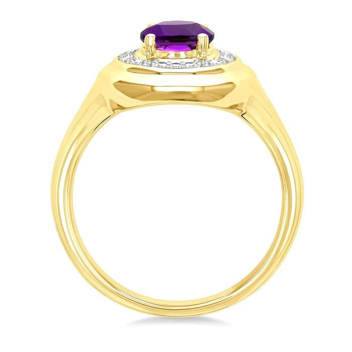 8X6 MM Oval Shape Amethyst and 1/20 Ctw Round Cut Diamond Semi-Precious Ring in Yellow Gold Vermeil