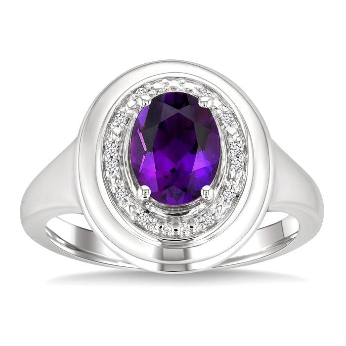 Silver Oval Shape Gemstone & Diamond Ring