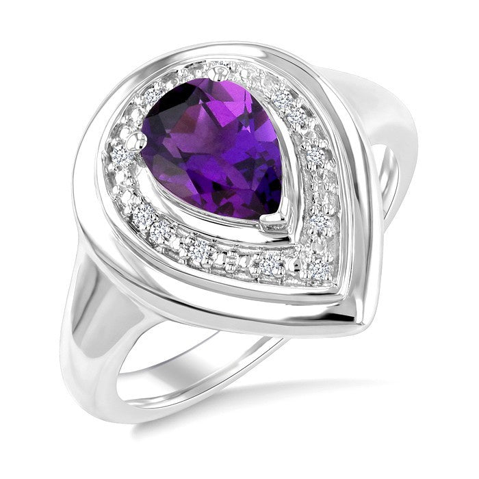 8X5 MM Pear Cut Amethyst and 1/20 Ctw Round Cut Diamond Semi-Precious Bold Ring in Sterling Silver