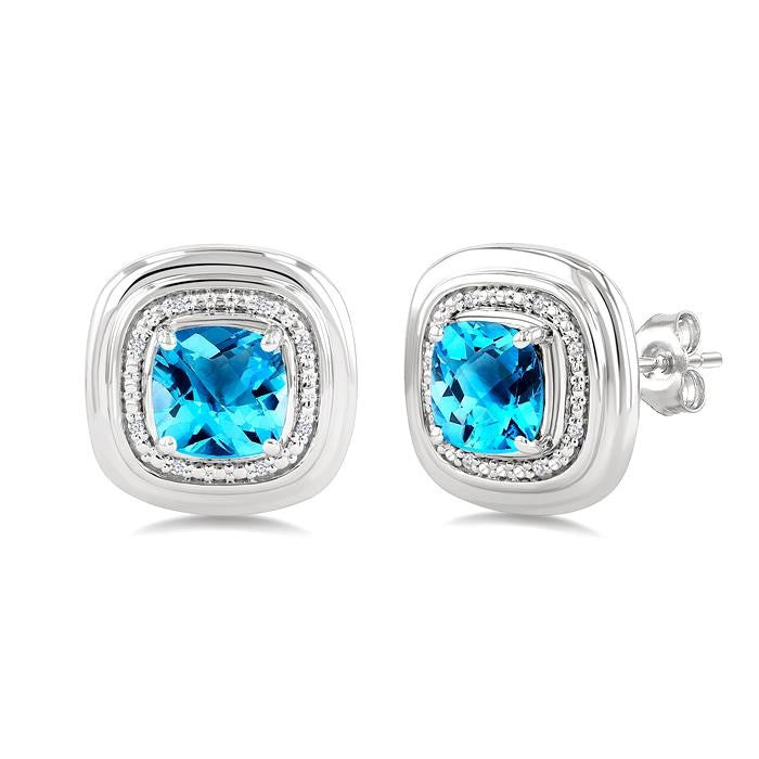 6 MM Cushion Shape Blue Topaz and 1/20 Ctw Round Cut Diamond Semi-Precious Earrings in Sterling Silver
