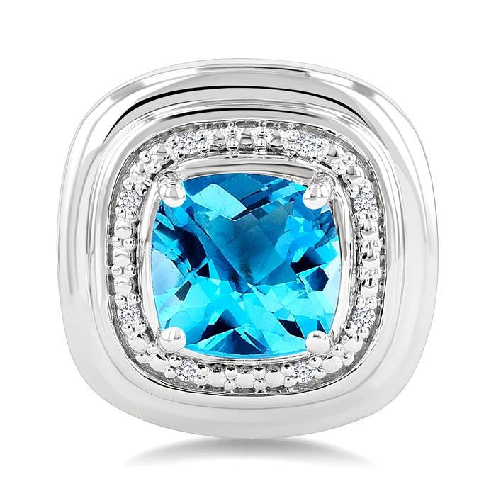 6 MM Cushion Shape Blue Topaz and 1/20 Ctw Round Cut Diamond Semi-Precious Earrings in Sterling Silver
