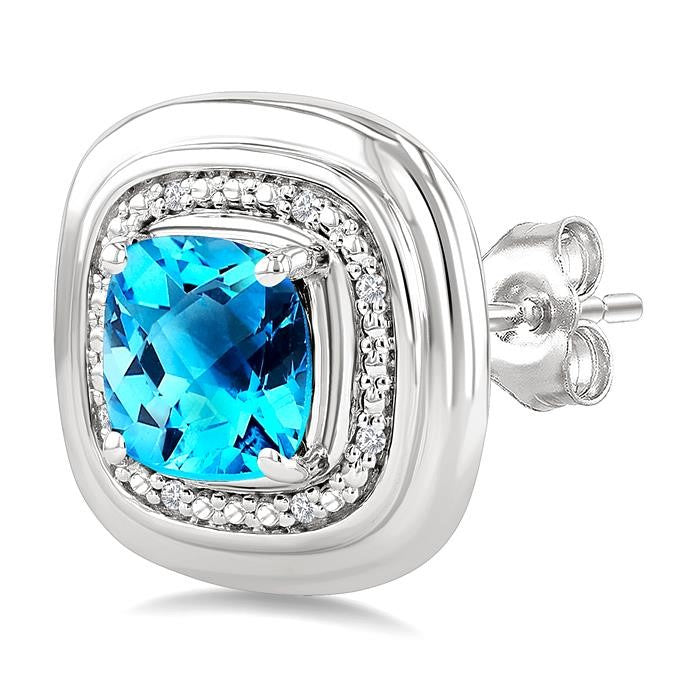 6 MM Cushion Shape Blue Topaz and 1/20 Ctw Round Cut Diamond Semi-Precious Earrings in Sterling Silver