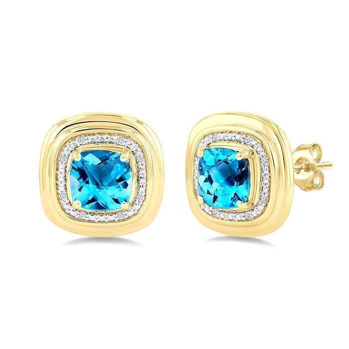 6 MM Cushion Shape Blue Topaz and 1/20 Ctw Round Cut Diamond Semi-Precious Earrings in Yellow Gold Vermeil