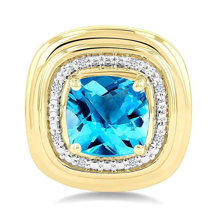 6 MM Cushion Shape Blue Topaz and 1/20 Ctw Round Cut Diamond Semi-Precious Earrings in Yellow Gold Vermeil