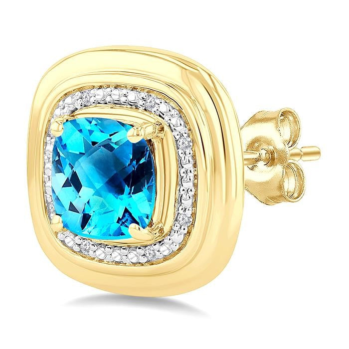 6 MM Cushion Shape Blue Topaz and 1/20 Ctw Round Cut Diamond Semi-Precious Earrings in Yellow Gold Vermeil