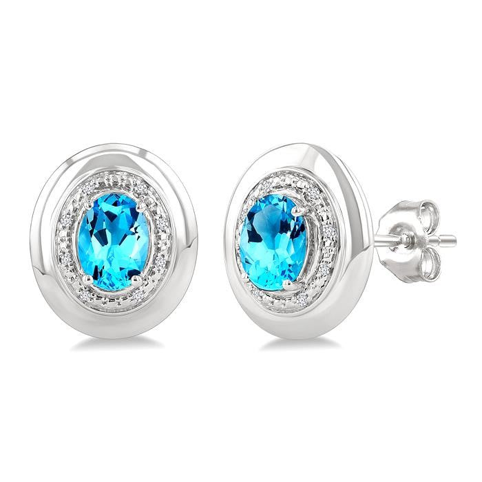 7X5 MM Oval Shape Blue Topaz and 1/20 Ctw Round Cut Diamond Semi-Precious Earrings in Sterling Silver