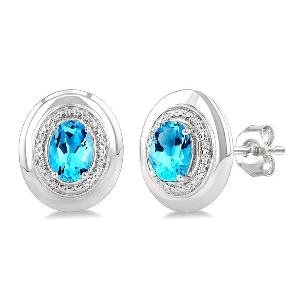 7X5 MM Oval Shape Blue Topaz and 1/20 Ctw Round Cut Diamond Semi-Precious Earrings in Sterling Silver