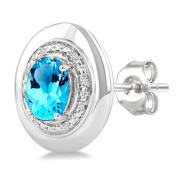Silver Oval Shape Gemstone & Diamond Earrings