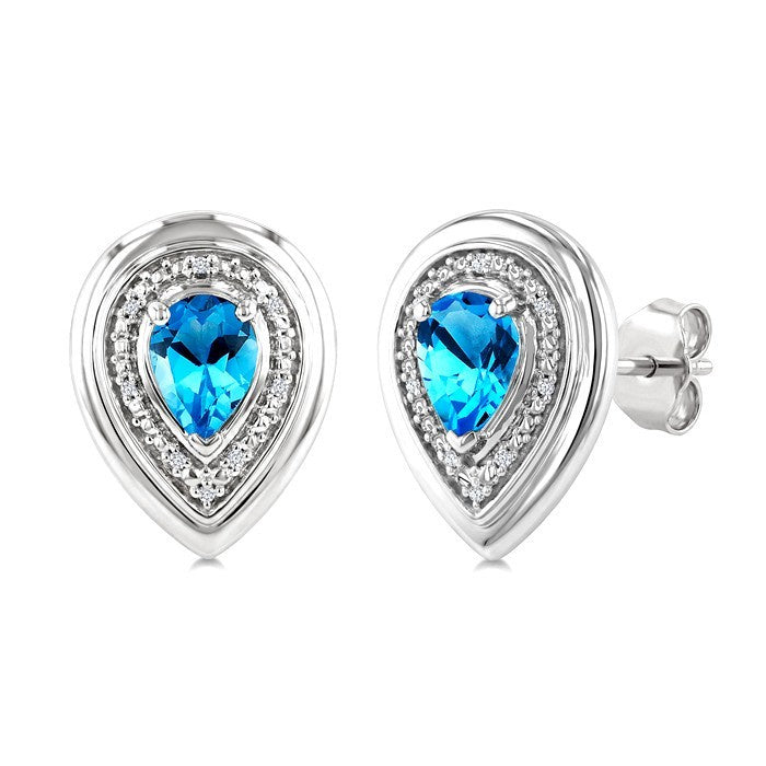 7X5 MM Pear Cut Blue Topaz and 1/20 Ctw Round Cut Diamond Semi-Precious Bold Earrings in Sterling Silver