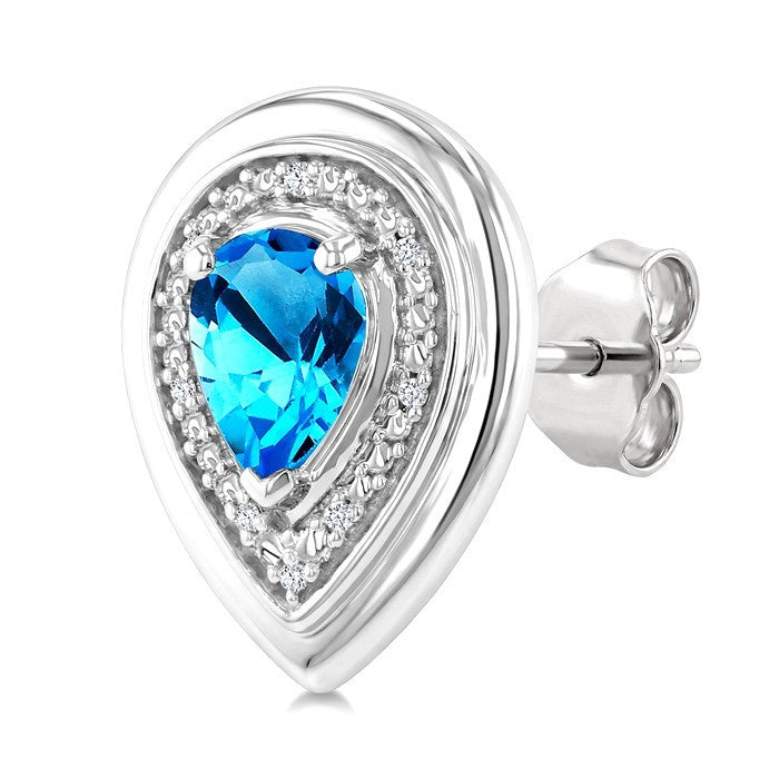 7X5 MM Pear Cut Blue Topaz and 1/20 Ctw Round Cut Diamond Semi-Precious Bold Earrings in Sterling Silver