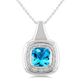 8 MM Cushion Shape Blue Topaz and 1/20 Ctw Round Cut Diamond Semi-Precious Pendant With Chain in Sterling Silver
