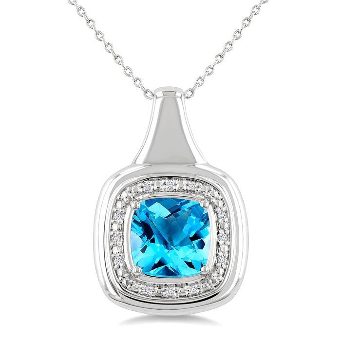 8 MM Cushion Shape Blue Topaz and 1/20 Ctw Round Cut Diamond Semi-Precious Pendant With Chain in Sterling Silver