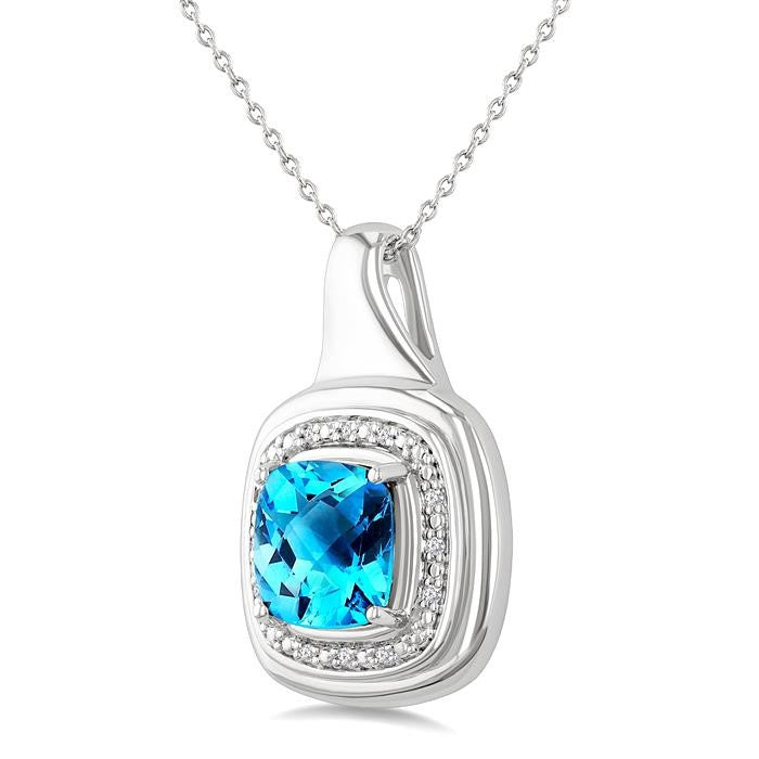 8 MM Cushion Shape Blue Topaz and 1/20 Ctw Round Cut Diamond Semi-Precious Pendant With Chain in Sterling Silver