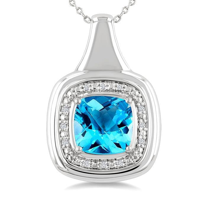 8 MM Cushion Shape Blue Topaz and 1/20 Ctw Round Cut Diamond Semi-Precious Pendant With Chain in Sterling Silver