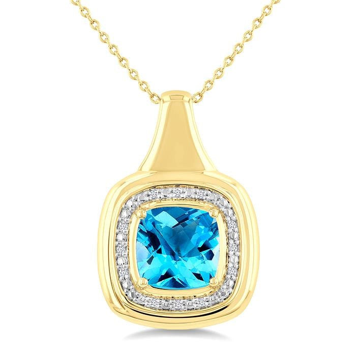 8 MM Cushion Shape Blue Topaz and 1/20 Ctw Round Cut Diamond Semi-Precious Pendant With Chain in Yellow Gold Vermeil