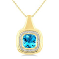 8 MM Cushion Shape Blue Topaz and 1/20 Ctw Round Cut Diamond Semi-Precious Pendant With Chain in Yellow Gold Vermeil