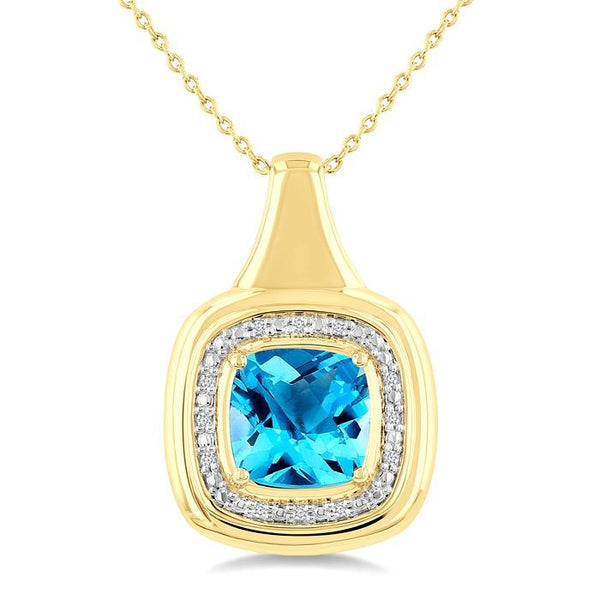 8 MM Cushion Shape Blue Topaz and 1/20 Ctw Round Cut Diamond Semi-Precious Pendant With Chain in Yellow Gold Vermeil
