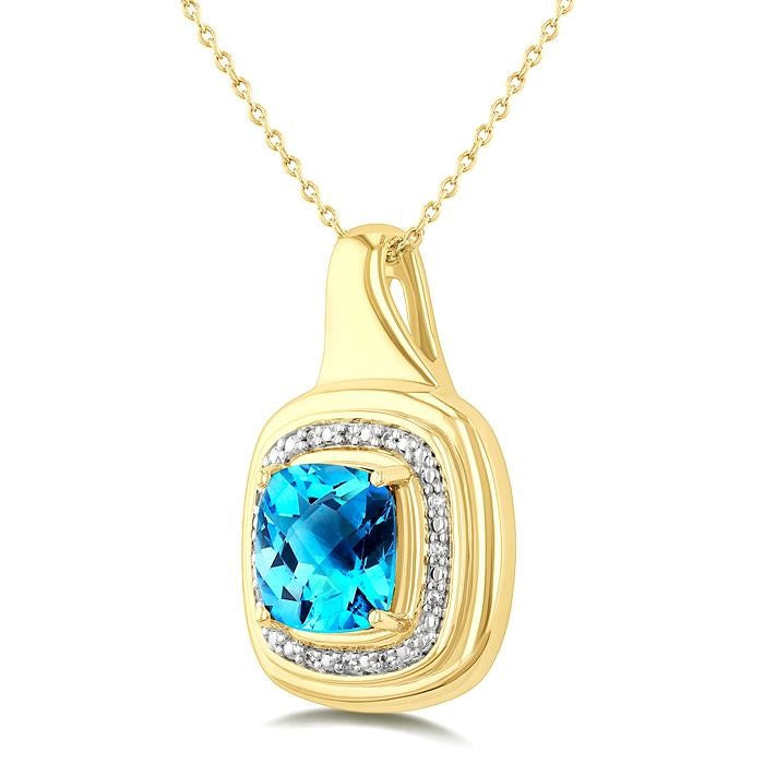 8 MM Cushion Shape Blue Topaz and 1/20 Ctw Round Cut Diamond Semi-Precious Pendant With Chain in Yellow Gold Vermeil