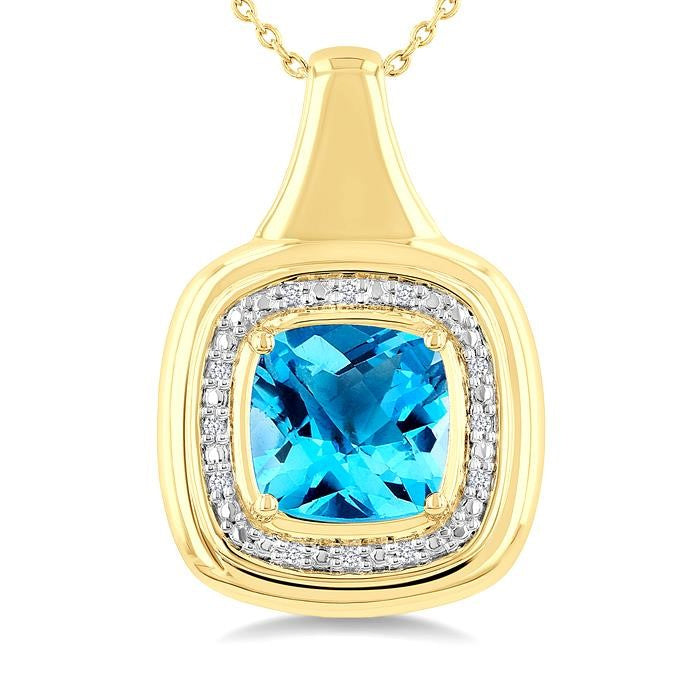 8 MM Cushion Shape Blue Topaz and 1/20 Ctw Round Cut Diamond Semi-Precious Pendant With Chain in Yellow Gold Vermeil