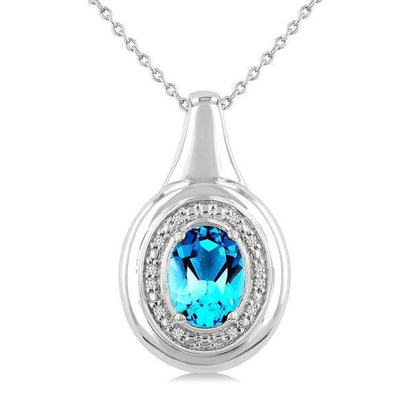 8X6 MM Oval Shape Blue Topaz and 1/20 Ctw Round Cut Diamond Semi-precious Pendant With Chain in Sterling Silver