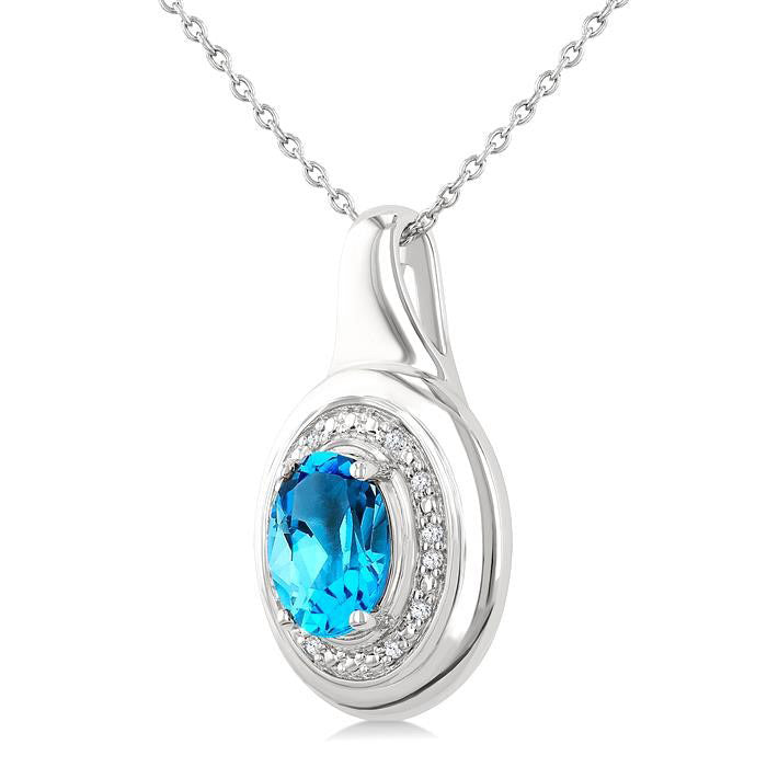 Silver Oval Shape Gemstone & Diamond Pendant