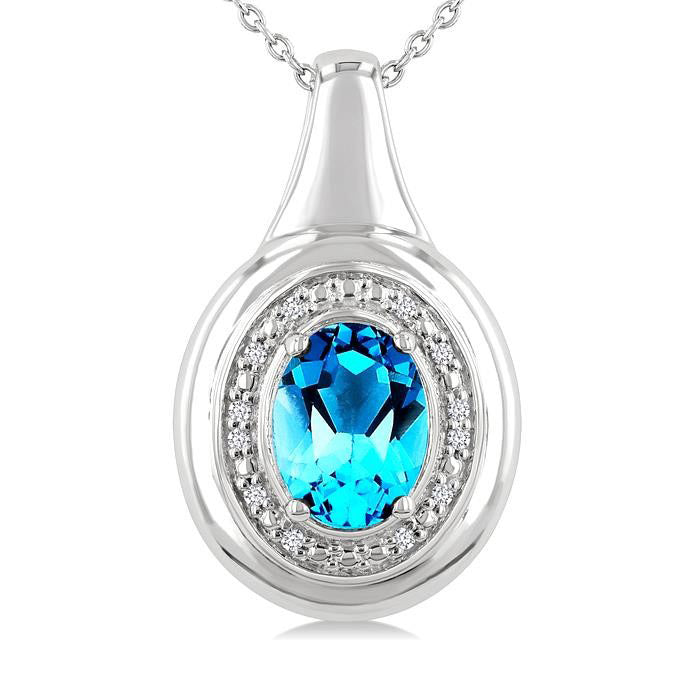 Silver Oval Shape Gemstone & Diamond Pendant