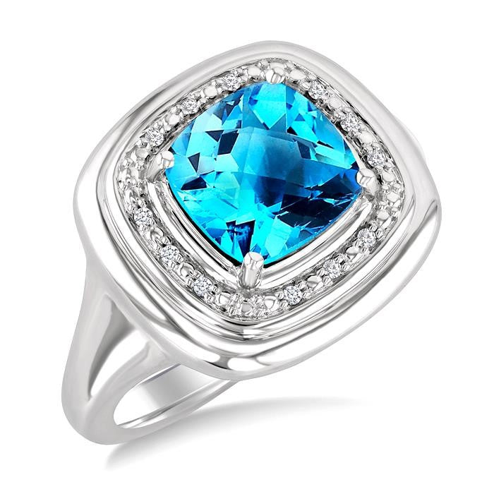 8 MM Cushion Shape Blue Topaz and 1/20 Ctw Round Cut Diamond Semi-Precious Ring in Sterling Silver