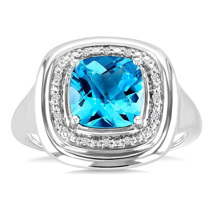 8 MM Cushion Shape Blue Topaz and 1/20 Ctw Round Cut Diamond Semi-Precious Ring in Sterling Silver