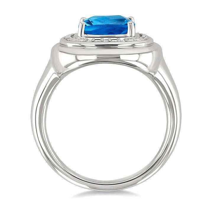 8 MM Cushion Shape Blue Topaz and 1/20 Ctw Round Cut Diamond Semi-Precious Ring in Sterling Silver
