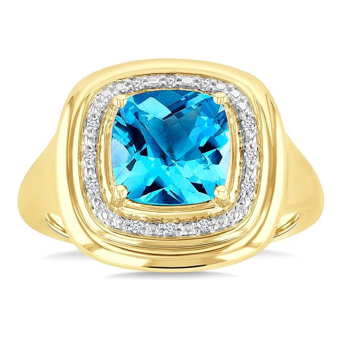 8 MM Cushion Shape Blue Topaz and 1/20 Ctw Round Cut Diamond Semi-Precious Ring in Yellow Gold Vermeil