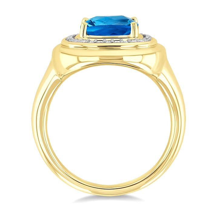 8 MM Cushion Shape Blue Topaz and 1/20 Ctw Round Cut Diamond Semi-Precious Ring in Yellow Gold Vermeil