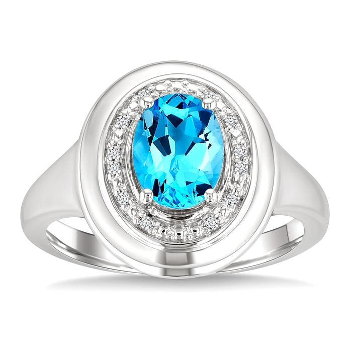 8x6 MM Oval Shape Blue Topaz and 1/20 Ctw Round Cut Diamond Semi-precious Ring in Sterling Silver