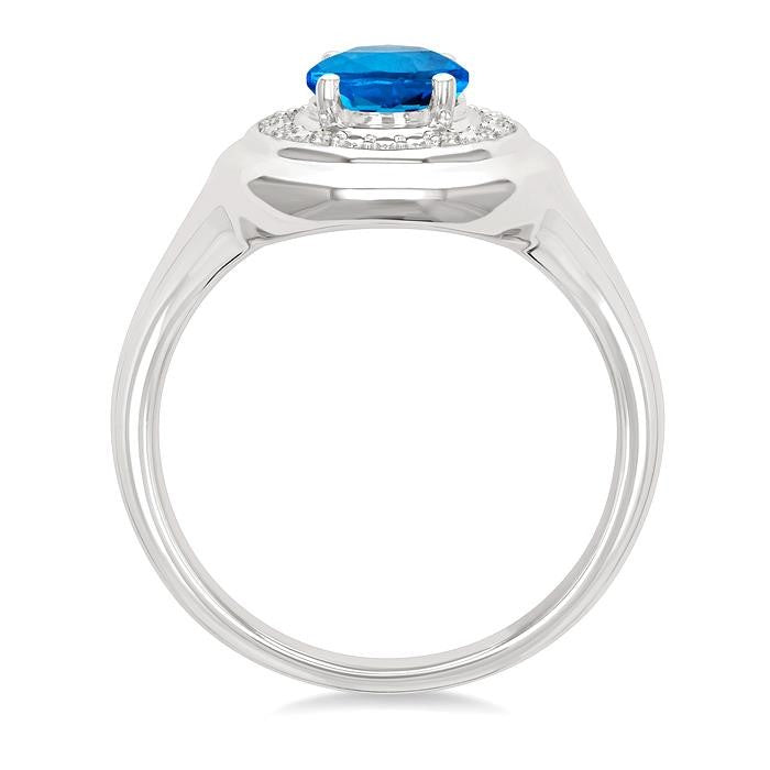 8x6 MM Oval Shape Blue Topaz and 1/20 Ctw Round Cut Diamond Semi-precious Ring in Sterling Silver