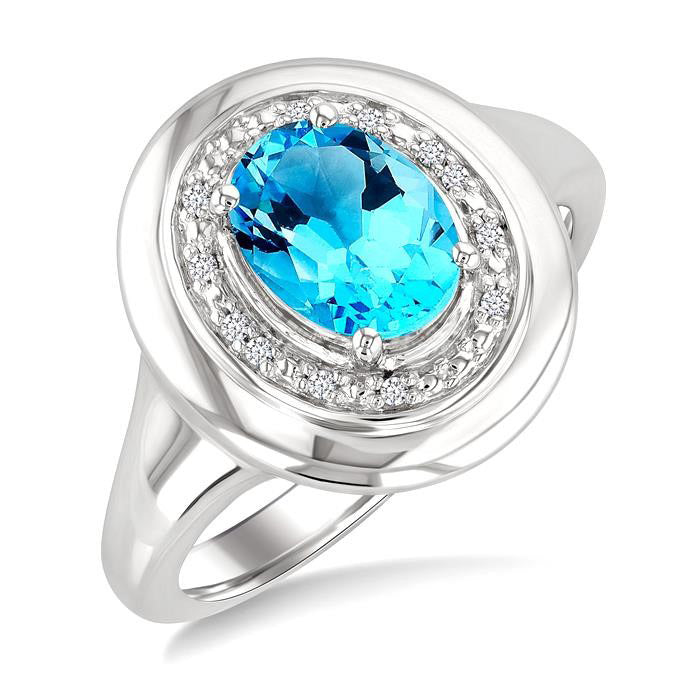Silver Oval Shape Gemstone & Diamond Ring