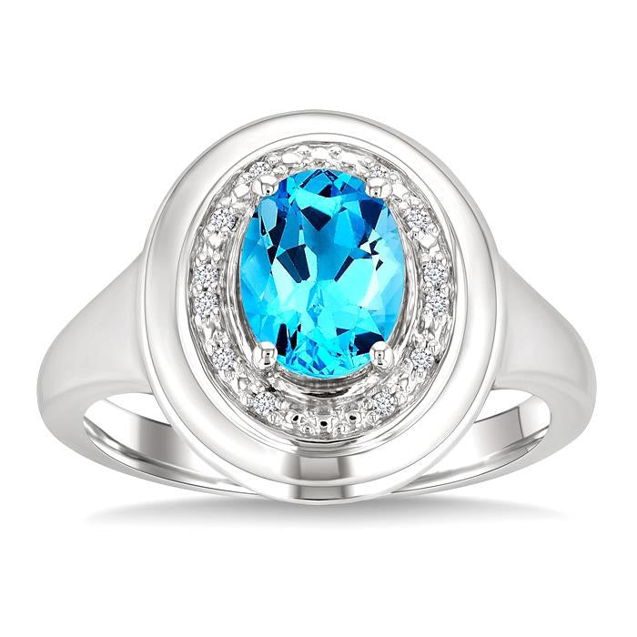 Silver Oval Shape Gemstone & Diamond Ring