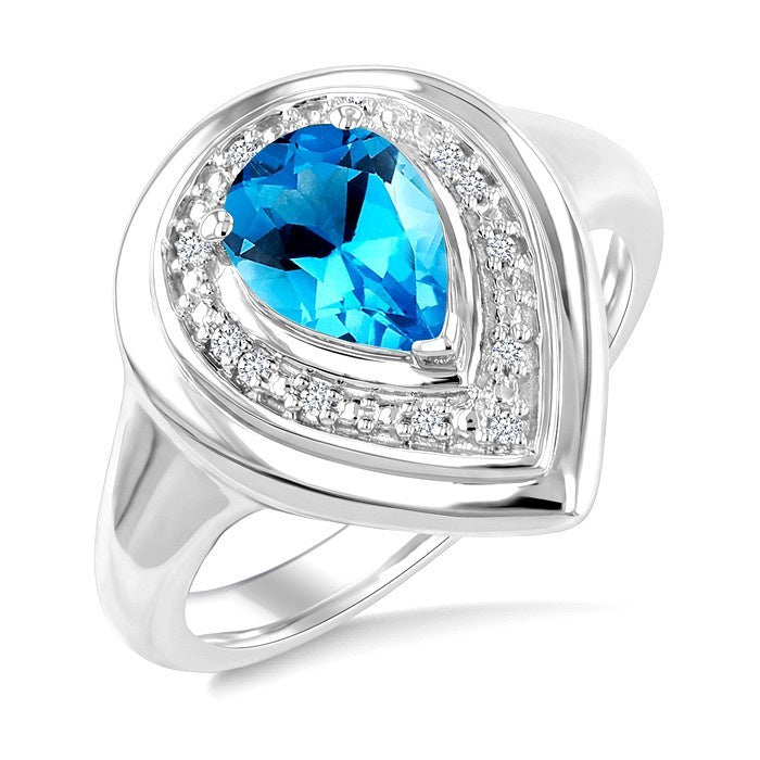 8X5 MM Pear Cut Blue Topaz and 1/20 Ctw Round Cut Diamond Semi-Precious Bold Ring in Sterling Silver