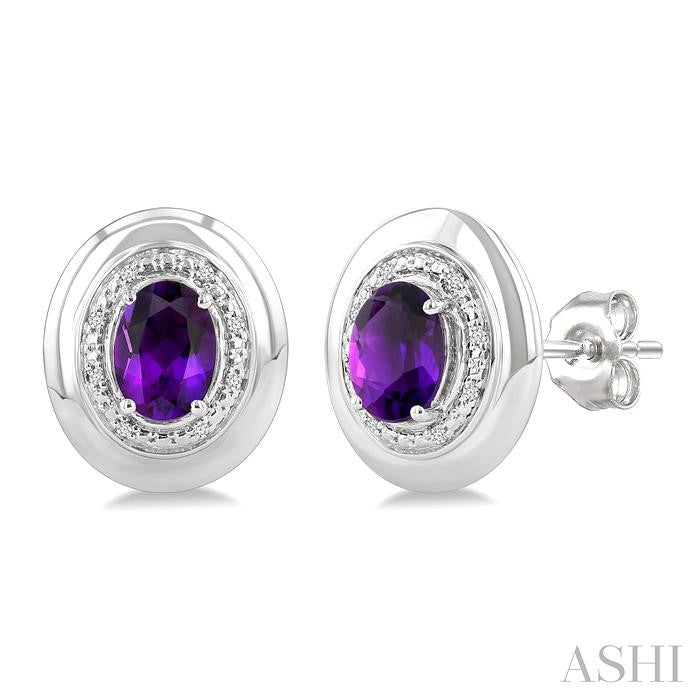 7X5 MM Oval Shape Amethyst and 1/20 Ctw Round Cut Diamond Semi-Precious Earrings in Sterling Silver