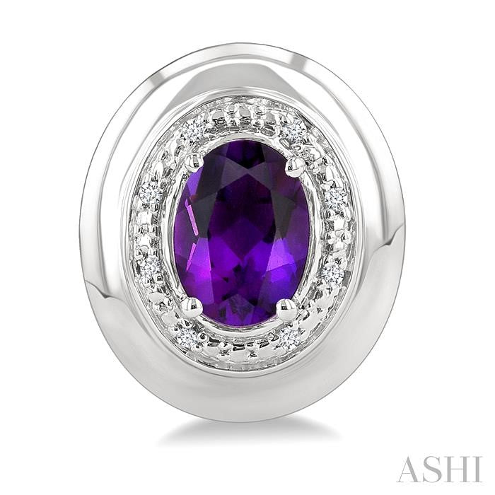 7X5 MM Oval Shape Amethyst and 1/20 Ctw Round Cut Diamond Semi-Precious Earrings in Sterling Silver